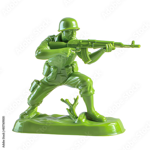 Green Plastic Army Man Toy in Combat Pose with Rifle Aimed Forward - Isolated - Transparent Background photo