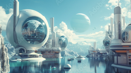 Envisioning tomorrow, this utopian cityscape merges sleek architectural design with advanced technology photo