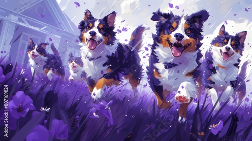 Illustration of playful dogs and a cat running joyfully through purple flowers on a sunny day. photo