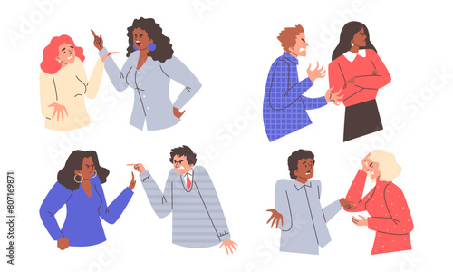Angry couple fighting and shouting at each other, people arguing and yelling, cartoon conflicts vector illustrations set