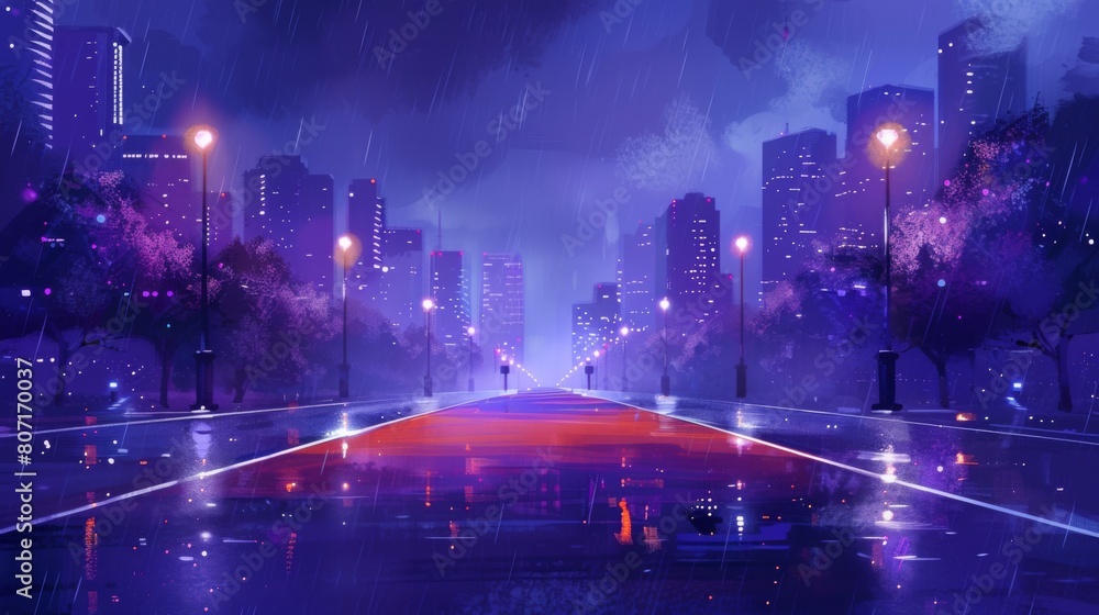 A digitally created cityscape at night under rain with a red carpet unfurling down an empty street.