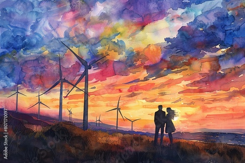 Illuminate the scene with a sunset glow, a romantic couple admiring wind turbines under a vast sky Capture the embrace in watercolor realism with a touch of surrealism and warmth