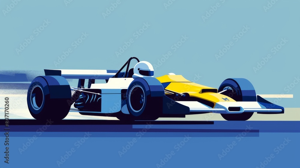 A stylized illustration of a racing car at high speed on a track, featuring dynamic lines and vibrant colors.