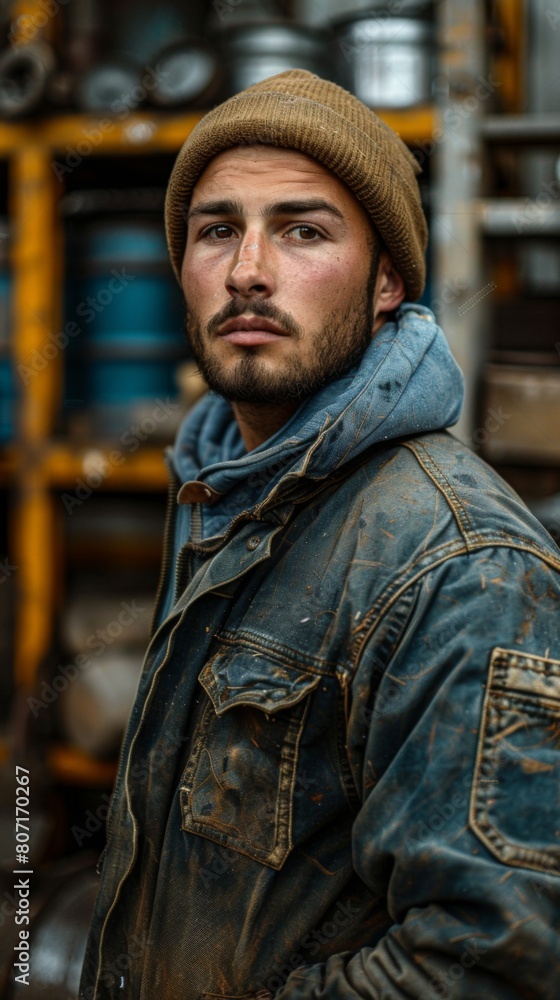 Fototapeta premium male worker stands in a workshop against an industrial background.