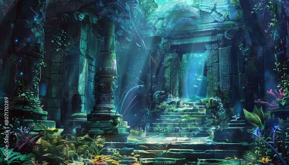 Illustrate the surreal fusion of futuristic archaeology and underwater fantasy through intricate digital rendering Enhance the high-angle perspective with luminescent flora