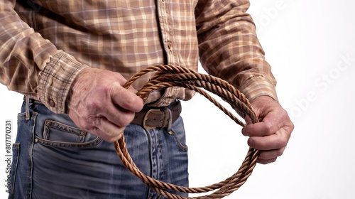 An isolated white background with a lasso loop in the hands of a male. photo