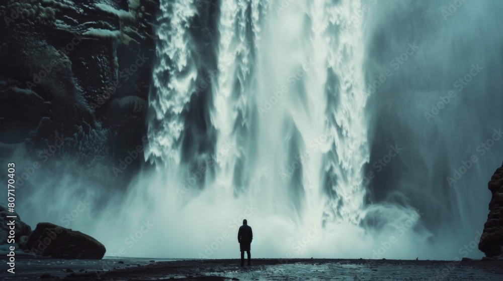 Obraz premium Beautiful waterfall in Iceland waterfall, a man standing under the majestic waterfall.