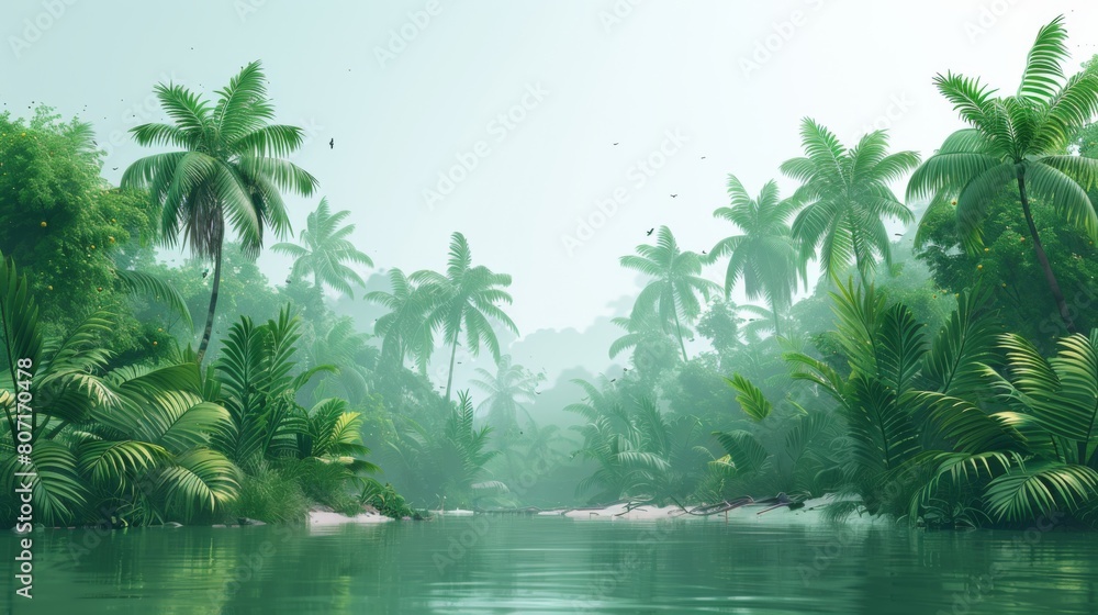 A serene, foggy jungle scene with lush greenery and palm trees reflected in calm waters. A serene, foggy jungle scene with lush greenery and palm trees reflected in calm waters.