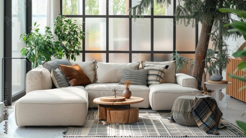 Modern interior of open space with design modular sofa, furniture, wooden coffee tables, plaid, pillows, tropical plants and elegant personal accessories in stylish home decor. Neutral living room © Emil
