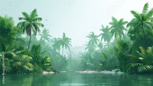 A serene, foggy jungle scene with lush greenery and palm trees reflected in calm waters.