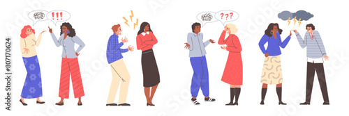 Cartoon characters in debate vector illustration set