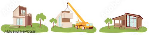 Modular homes set. Wooden eco-friendly modular houses. New modular housing concept. Modular homes exterior designs