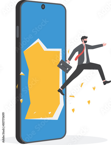 Escape from information. Businessman leaves smartphone screen

