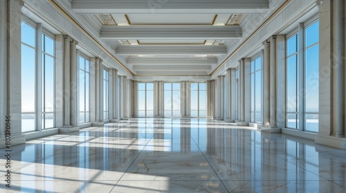 panorama view in empty modern hall with columns  doors and panoramic windows