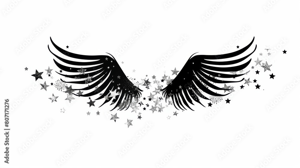 Obraz premium Motivational handdrawn lettering with small wings and falling stars in black and white.