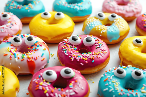 Assorted Donuts with Colorful Sprinkles and Googly Eyes on White Background