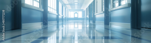 The image shows an empty hallway with lockers on both sides. The floor is made of highly reflective material, and the walls are painted in light blue color. © North