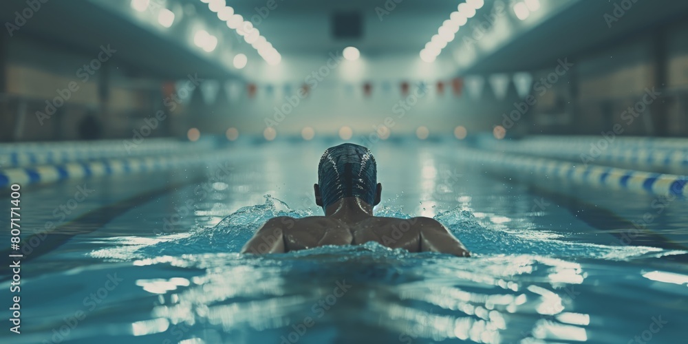 A dedicated swimmer takes powerful strokes in a quiet, indoor swimming pool, highlighted by the symmetry of lane lines