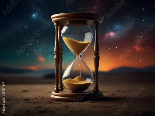 Hourglass, time is running, don't waste time, symbolizes that time passes quickly, universe background
