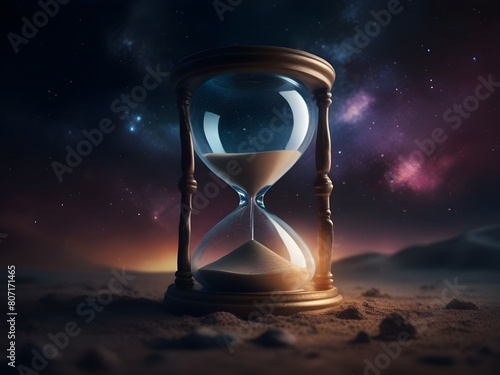 Hourglass, time is running, don't waste time, symbolizes that time passes quickly, universe background
