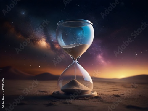 Hourglass, time is running, don't waste time, symbolizes that time passes quickly, universe background 