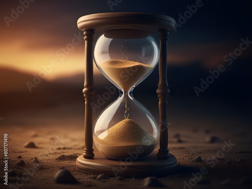Hourglass, time is running, don't waste time, symbolizes that time passes quickly, universe background
