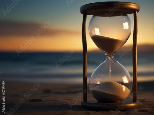 Hourglass, time is running, don't waste time, symbolizes that time passes quickly, beach background
