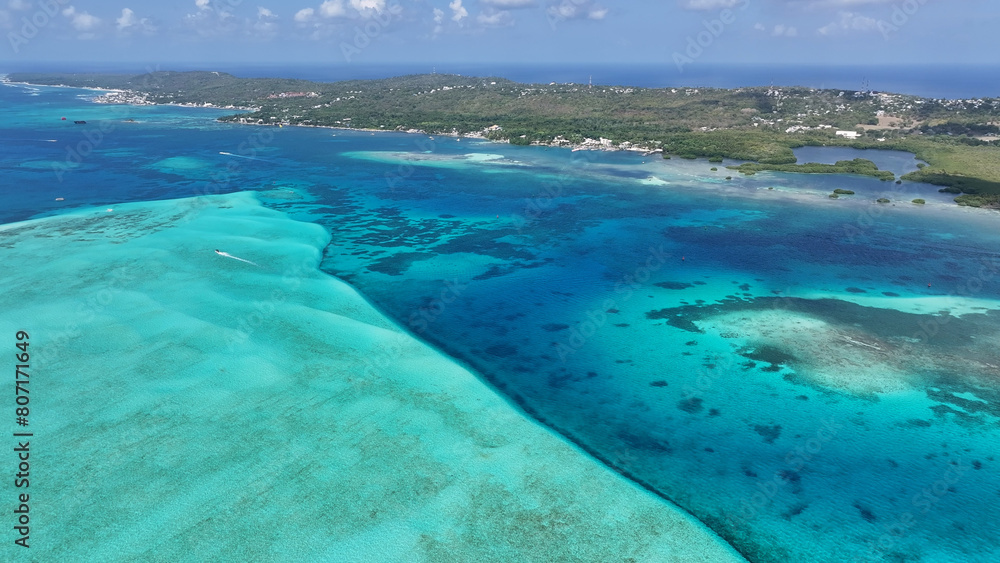 Fototapeta premium San Andres Skyline At San Andres Providencia Y Santa Catalina Colombia. Colombian Caribbean Beach. Blue Sea Background. San Andres At Providencia Y Santa Catalina Colombia. Tourism Landscape. 