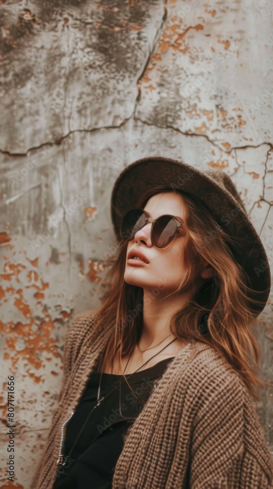 A stylish woman donning hat and sunglasses stands confidently against a weathered wall A stylish woman donning hat and sunglasses stands confidently against a weathered wall