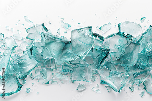 Design a digital artwork featuring shards of broken glass against a pristine white background