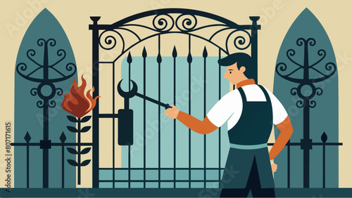 The skilled hands of a blacksmith fashioning intricate wrought iron accents for the entrance gate.. Vector illustration