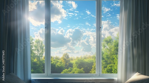 The window in the apartment overlooks the green forest and the blue sky