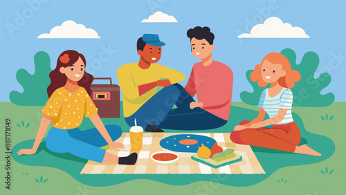 Three friends lounging on a colorful picnic blanket laughing and enjoying snacks from a wicker basket as a portable record player plays upbeat music Vector illustration
