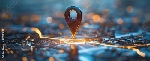Create a digital map with a glowing 3D pinpoint icon in the cent photo
