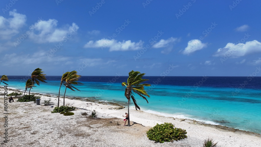Pink Beach At Kralendijk In Bonaire Netherlands Antilles. Beach Landscape. Caribbean Island. Kralendijk At Bonaire Netherlands Antilles. Seascape Outdoor. Nature Tourism.