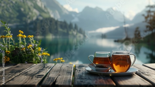 Jug of tea on the table in front of landscape