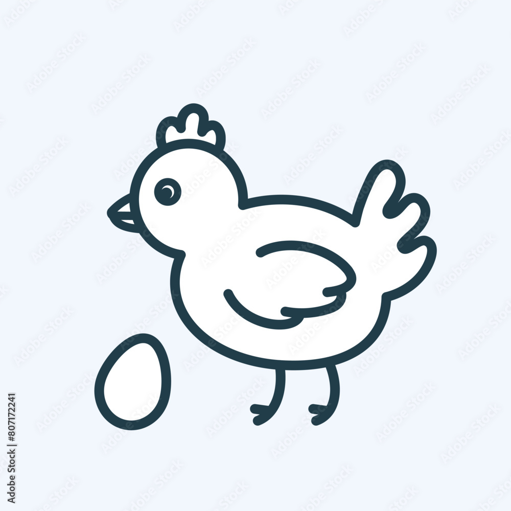 Obraz premium A standing hen with an egg side view line icon. Flat outline pictogram with editable stroke. Poultry organic farm. Natural animal farming. For mobile app, web page, logo template. Vector illustration
