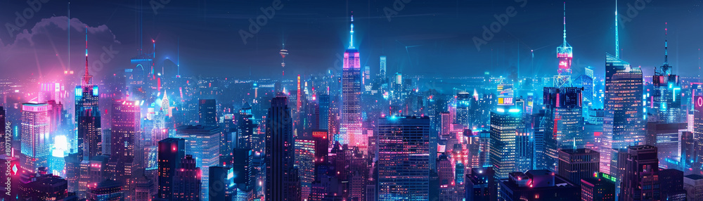 The city skyline illuminated by the glow of neon signs and streetlights