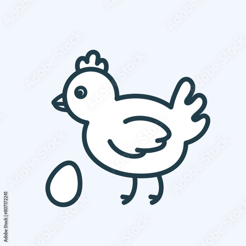 A standing hen with an egg side view line icon. Flat outline pictogram with editable stroke. Poultry organic farm. Natural animal farming. For mobile app, web page, logo template. Vector illustration