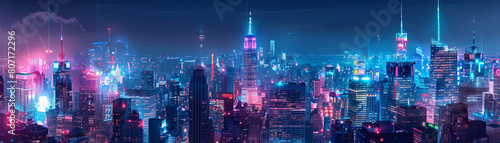 The city skyline illuminated by the glow of neon signs and streetlights