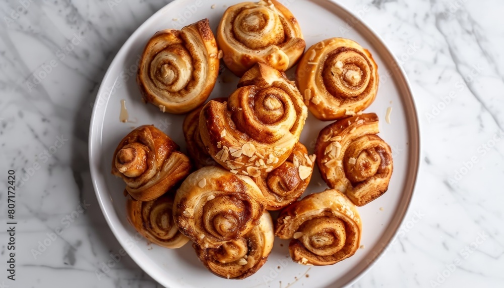 Top view of cinnamon rolls on a white plate on a marble tabletop with window light Top view of cinnamon rolls on a white plate on a marble tabletop with window light