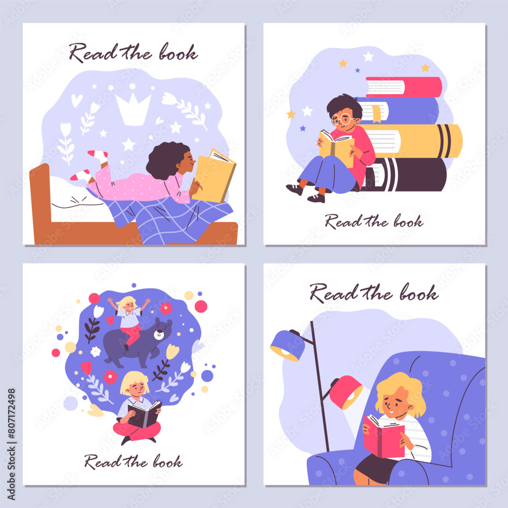 Children reading in cozy spots vector set Children reading in cozy spots vector set