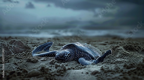 Leatherback Turtle Nesting, Professional studio photography, hyperrealistic, minimalism, negative space, high detailed, sharp focus, leatherback turtle laying eggs on a beach photo