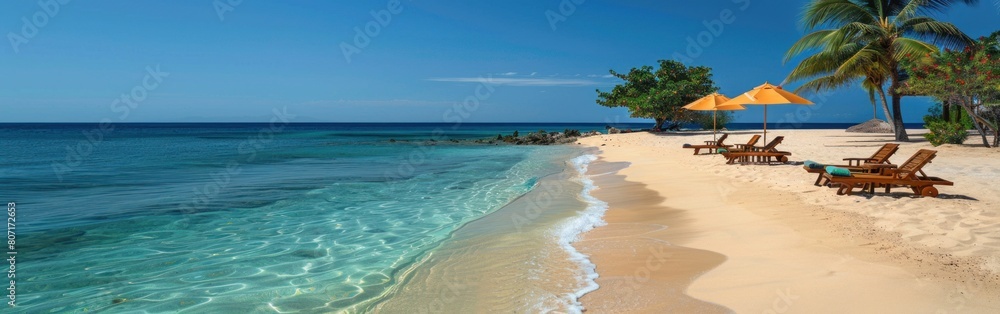 Sandy beach with rows of chairs and umbrellas set up for relaxation under the sun Sandy beach with rows of chairs and umbrellas set up for relaxation under the sun
