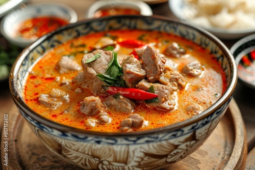 Thai red curry soup with meat options known as Panaeng served on a wooden table