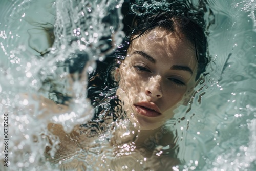 beautiful diverse woman portrait underwater, face closeup portrait diving in the pool. Summer vacation.