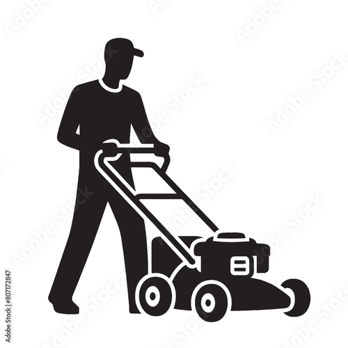 Lawnmower, man. Simple black vector icon, png