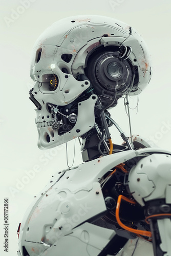 The image shows a close-up of a robot's head. The robot's face is made of metal, and its eyes are glowing red. The robot is looking at the viewer with a neutral expression. © North