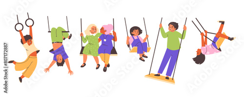 Playful children on swings illustration, vector