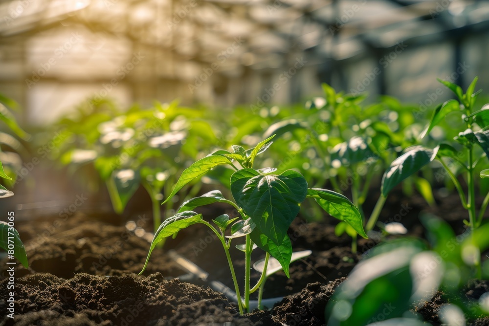 The young bell pepper plants growing in sunlit greenhouse The young bell pepper plants growing in sunlit greenhouse